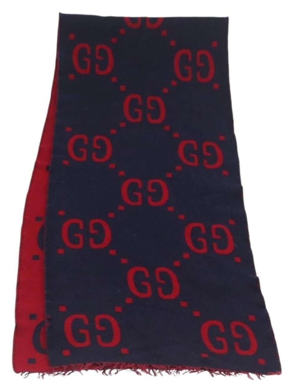 GUCCI GG Jacquard Scarf Wool Navy Red Auth 174669A